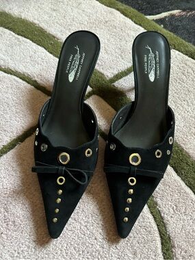 Jeffrey Campbell Black Suede Pointed Slip-On Mules with Gold Eyelets